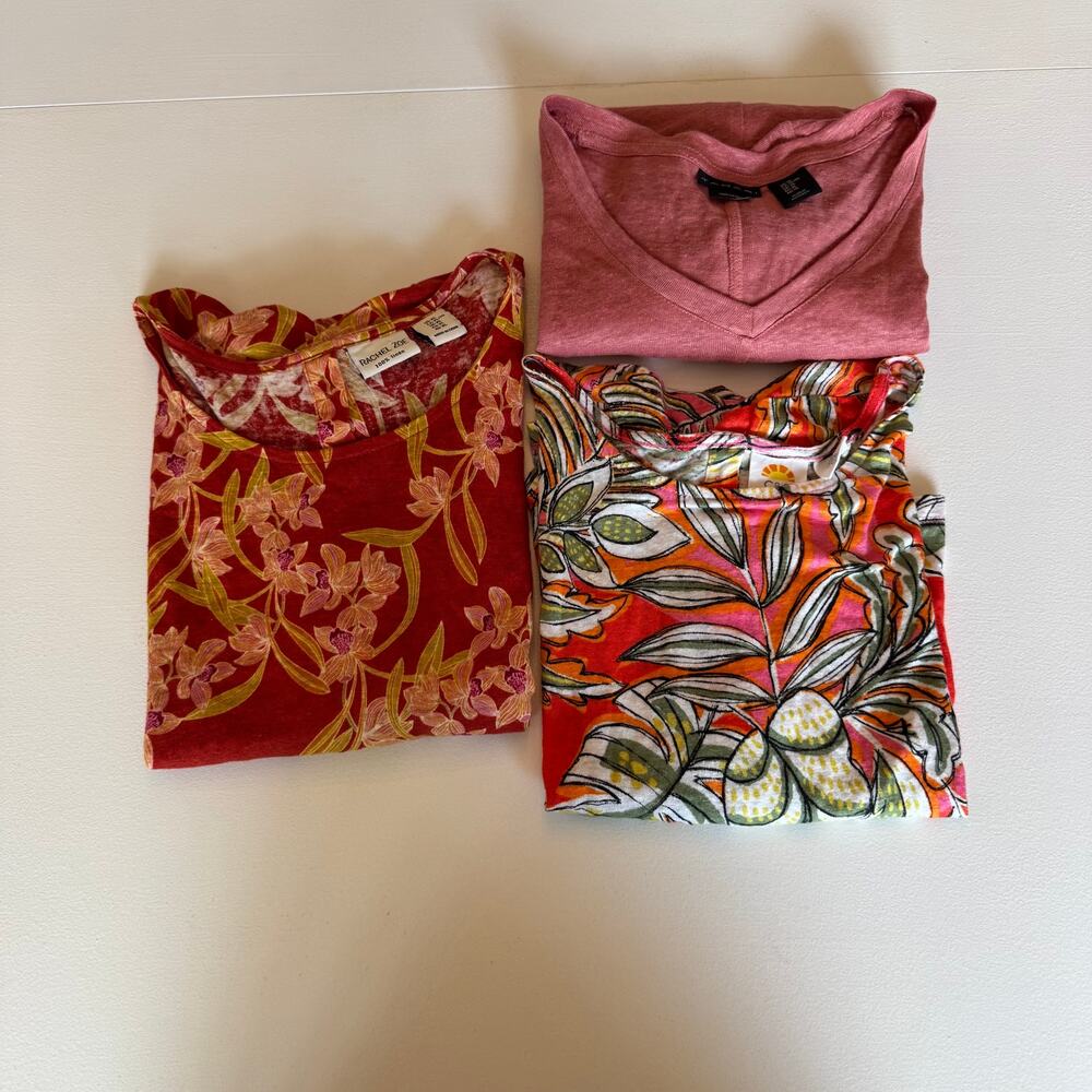 Lot of 3 Women's 100% Linen Short Sleeve Blouse Tops Size XL Lightweight Floral